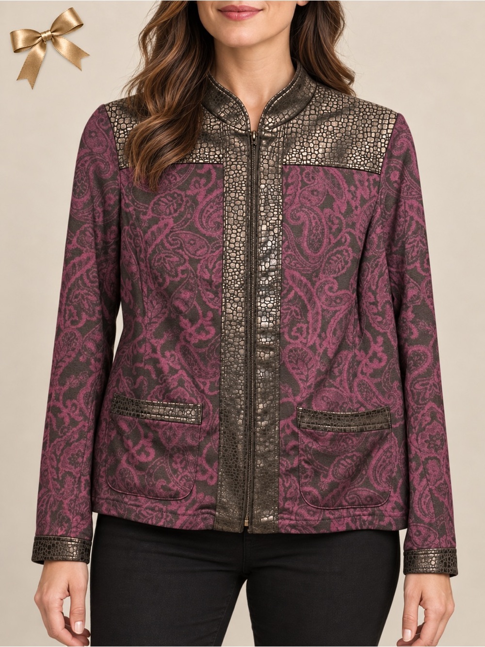 Chico's Purple Paisley Jacket with Black Faux Leather Accents Medium